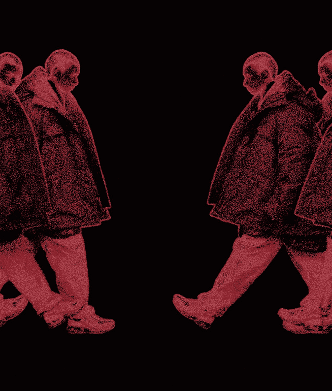 Figures walking in red halftone